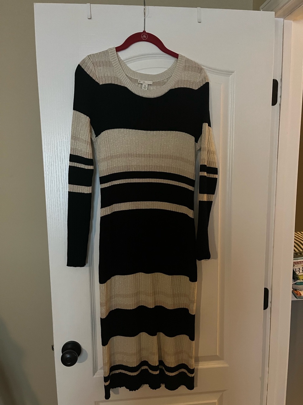 Striped Long Sleeve Knit Midi Dress - Black & Beige